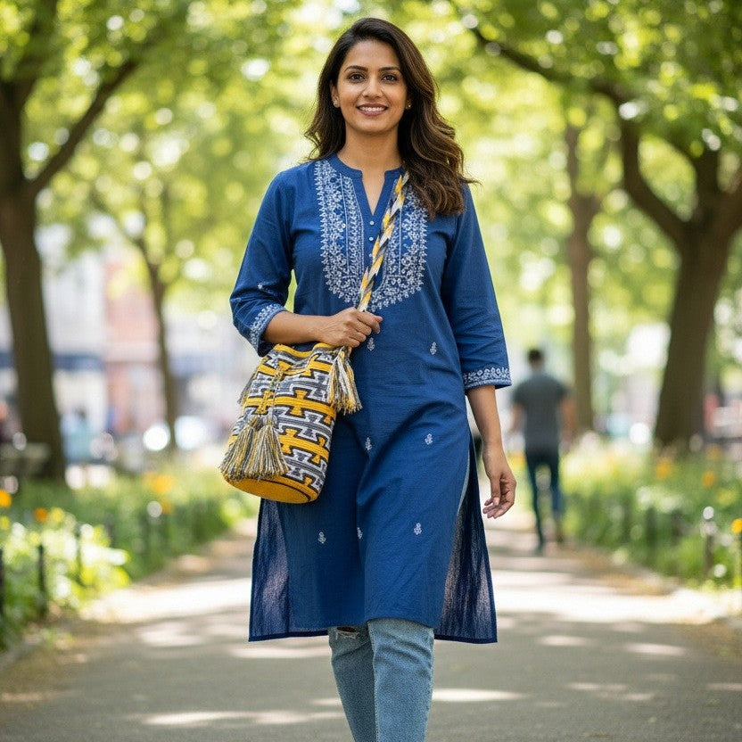 Woman wearing a blue and grey handmade Wayuu shoulder bag walking in park, smiling at camera. Ethically and responsibly sourced.