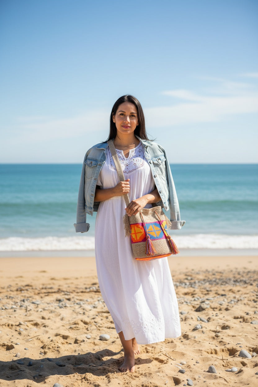 Woman wearing a handmade Wayuu shoulder bag with rhombus design in orange, blues and yellow on a beach. Mochila is artisan-made and perfect for boho styling.