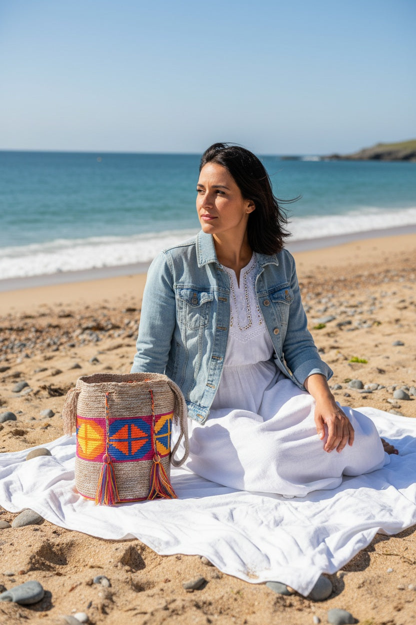 Woman with handmade Wayuu shoulder bag with rhombus design in orange, blues and yellow sat on a beach, side view. Mochila is artisan-made and perfect for boho styling.