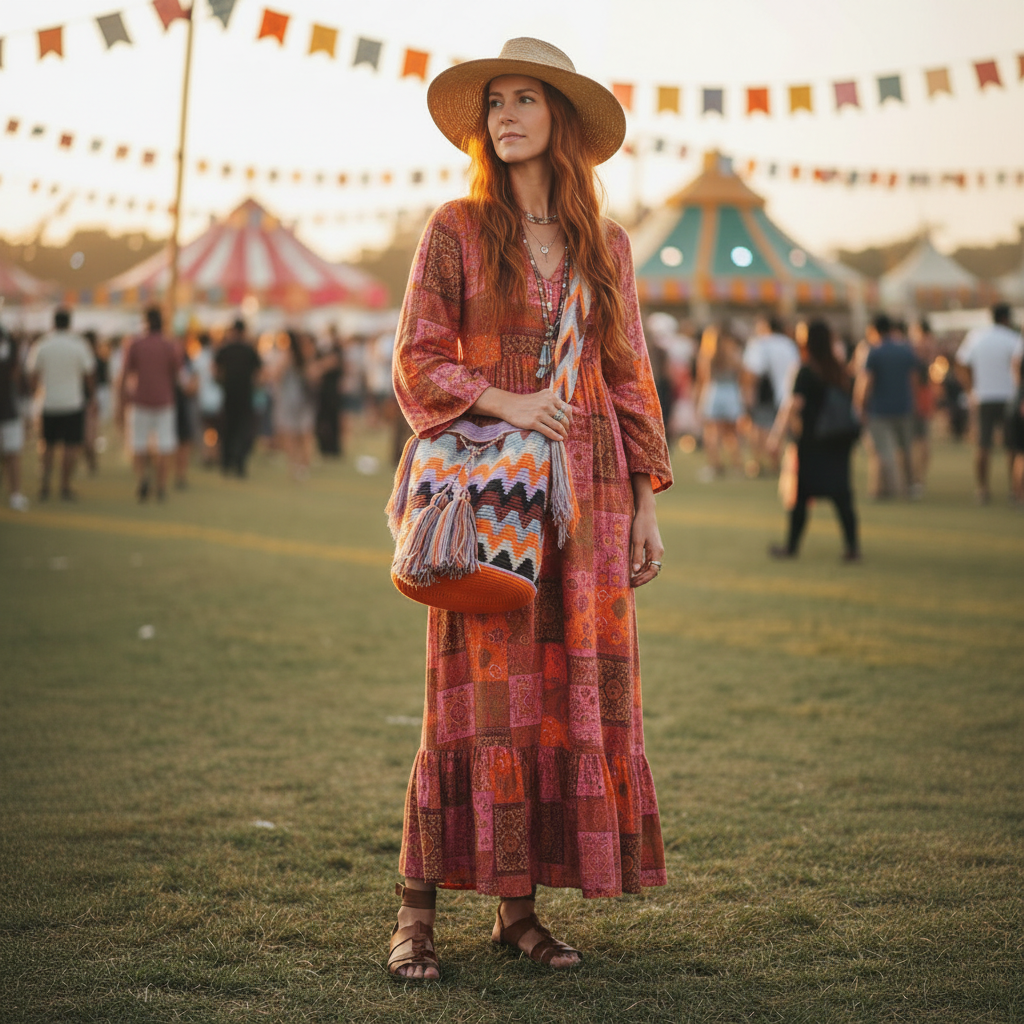 Woman wearing a handmade Wayuu shoulder bag with soft tones, relaxing at festival. Ethically and responsibly sourced.