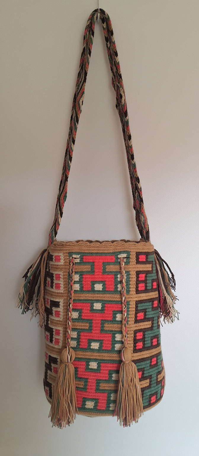 Detailed view of traditional Wayuu crochet technique and tassels on a mochila bag in pink, blue and beige with crossbody strap fully extended. Ethically and responsibly sourced.