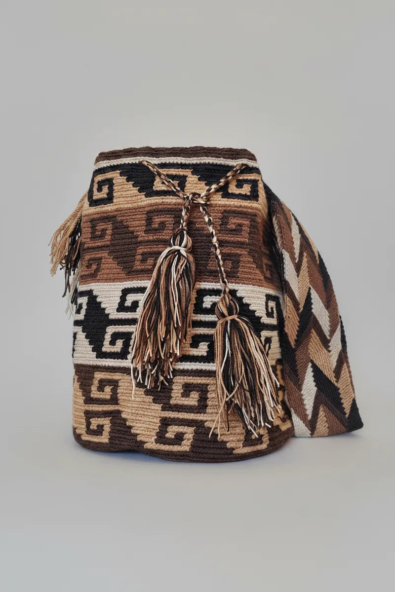Authentic handmade Colombian Wayuu Mochila in brown and beige threads, unique geometric design. Bag with crossbody strap is perfect for festivals and ethically minded shoppers