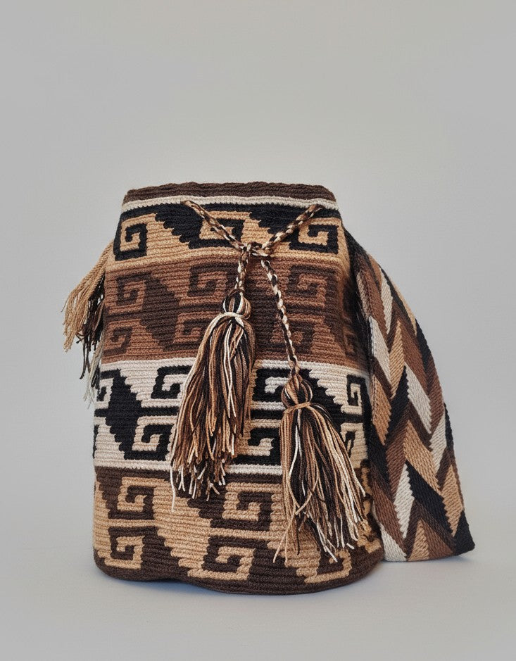 Authentic handmade Colombian Wayuu Mochila in brown and beige threads, unique geometric design. Ethically and responsibly sourced.