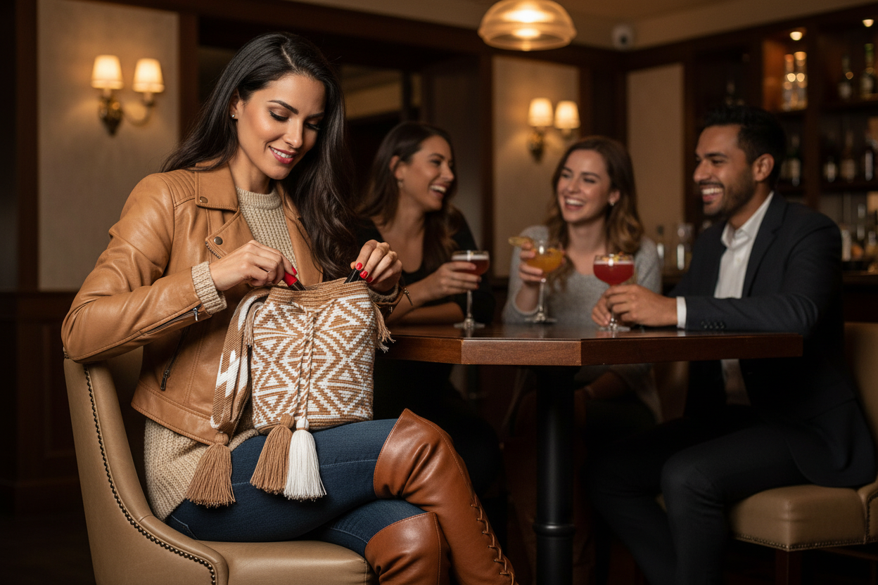 Woman wearing a white and beige handmade Wayuu shoulder bag sat in bar. Ethically and responsibly sourced.