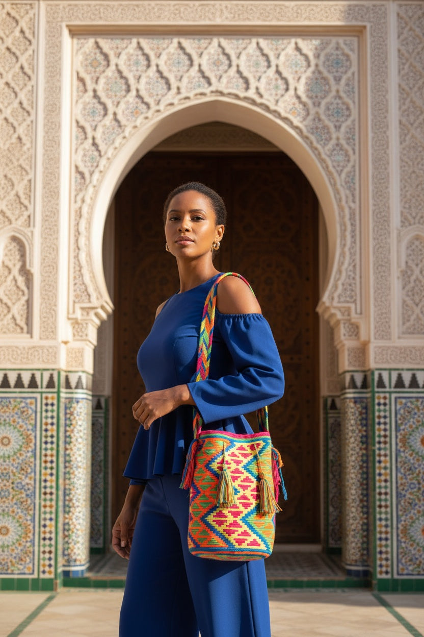 Woman holding a colorful Wayuu handbag in front of an ornate archway. Ethically and responsibly sourced.