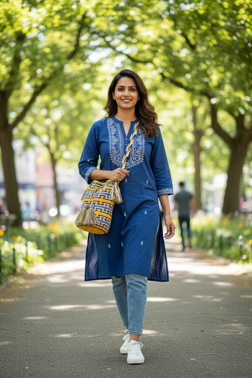 Woman wearing a yellow and grey handmade Wayuu shoulder bag walking in park. Ethically and responsibly sourced.