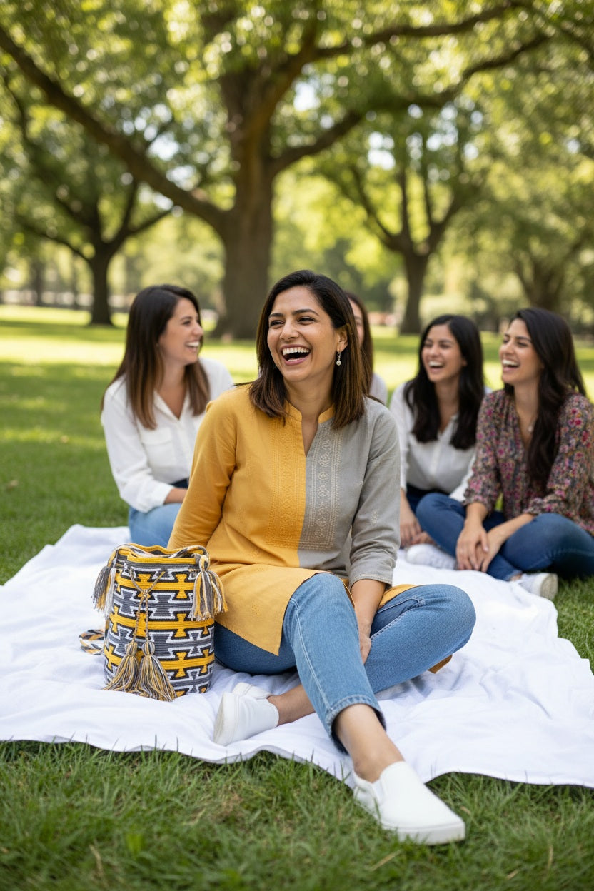 Woman with a yellow and grey handmade Wayuu shoulder bag enjoying picnic in park. Ethically and responsibly sourced.
