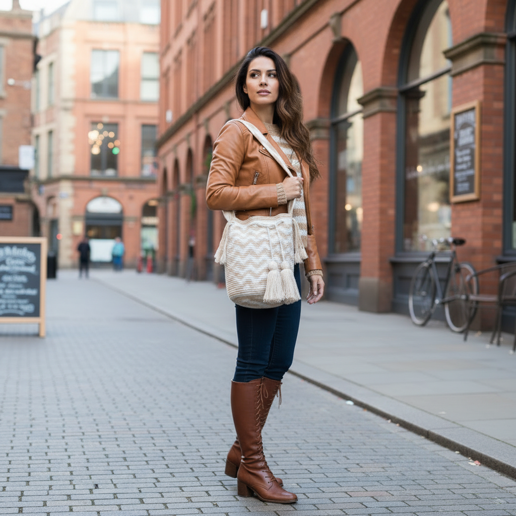 Woman wearing handmade Wayuu shoulder bag with zigzag design on soft tones at trendy market. Fair trade handwoven Wayuu bag great for boho outfits.