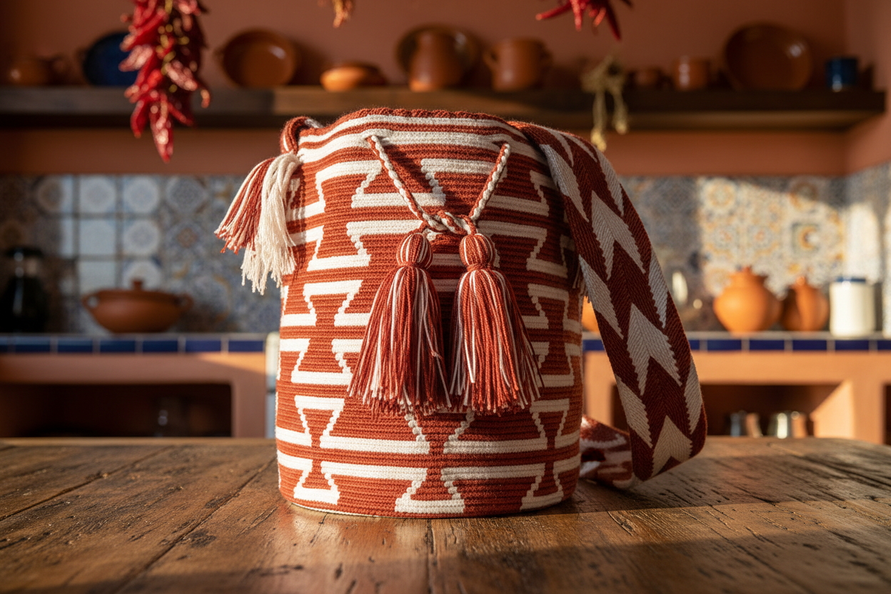 Wayuu Mochila Bag – Close-up Low Angle, Mexican Kitchen