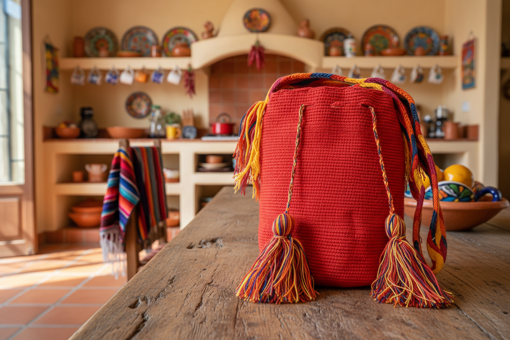 Authentic handmade Colombian Wayuu Mochila in red cotton thread on rustic kitchen table. Ethically and responsibly sourced.