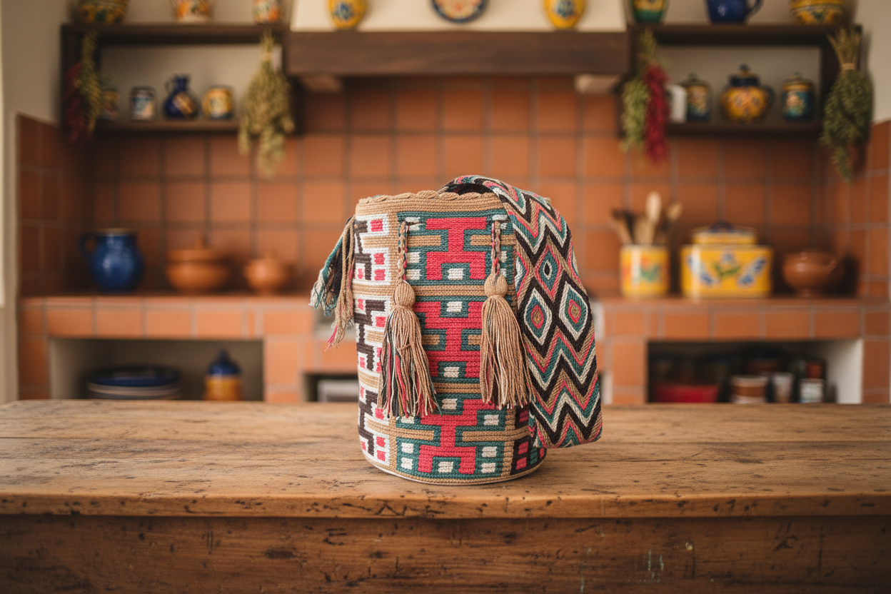 Wayuu Mochila Pink Blues Beige - Table Left to Right