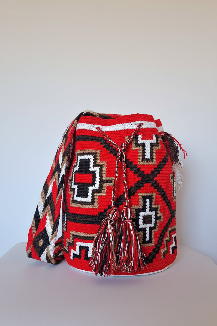 Authentic handmade Colombian Wayuu Mochila in vibrant red and white cotton threads, geometric design. Ethically and responsibly sourced.