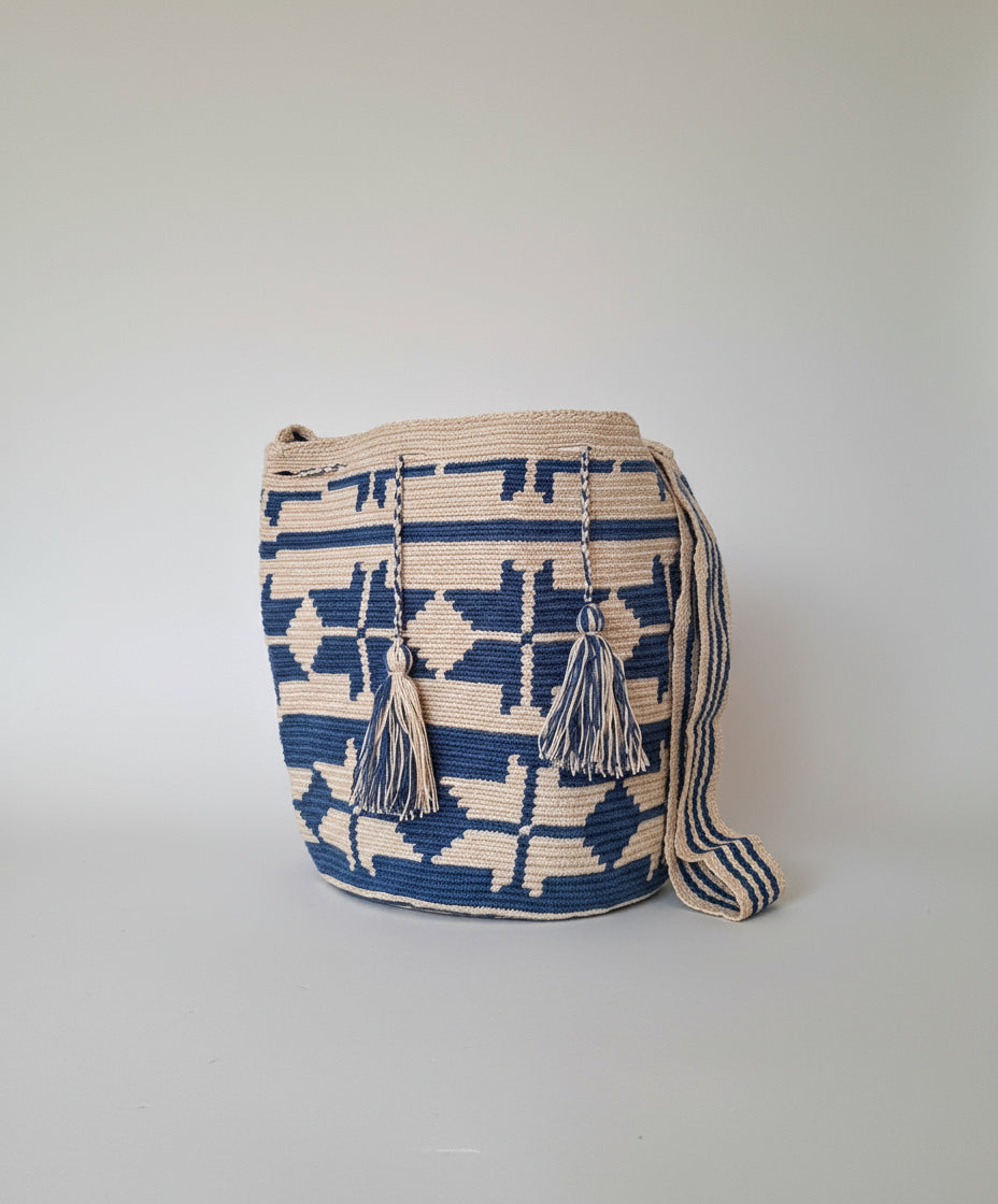 Authentic handmade Colombian Wayuu Mochila in blue and white cotton threads, geometric design. Perfect for beach. Ethically and responsibly sourced.