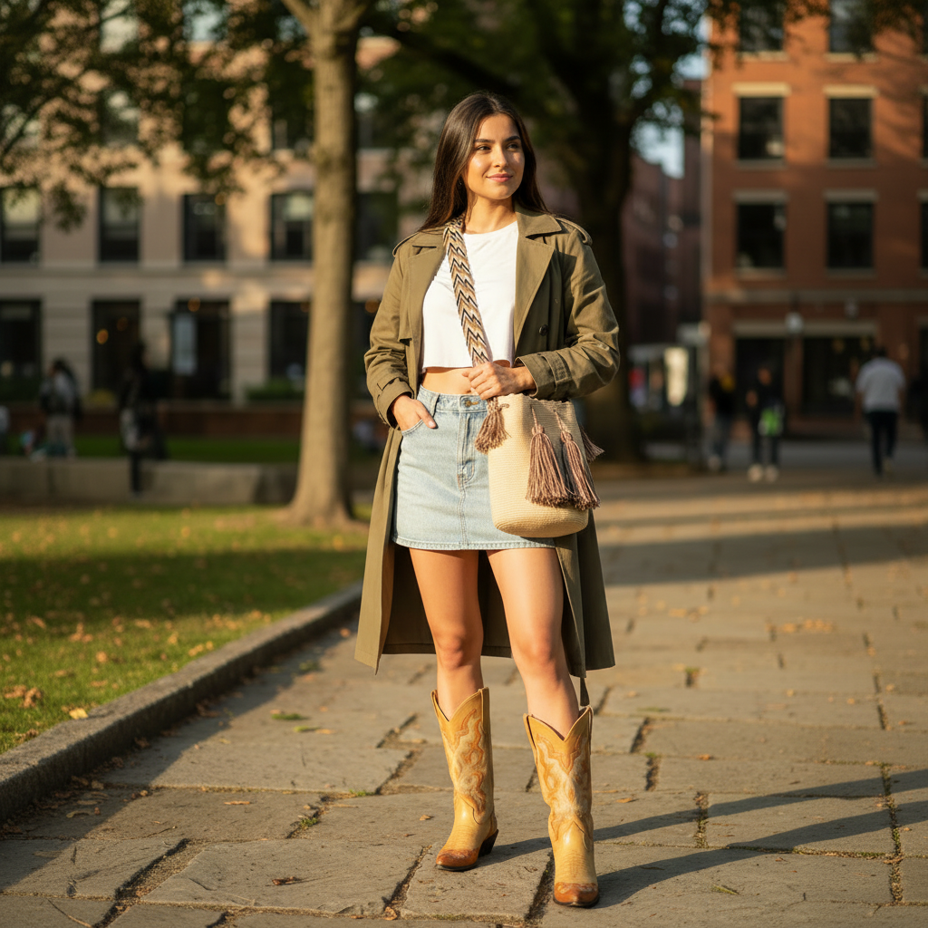 Woman in Denim Skirt with Light Mustard Wayuu Bag - 1:1
