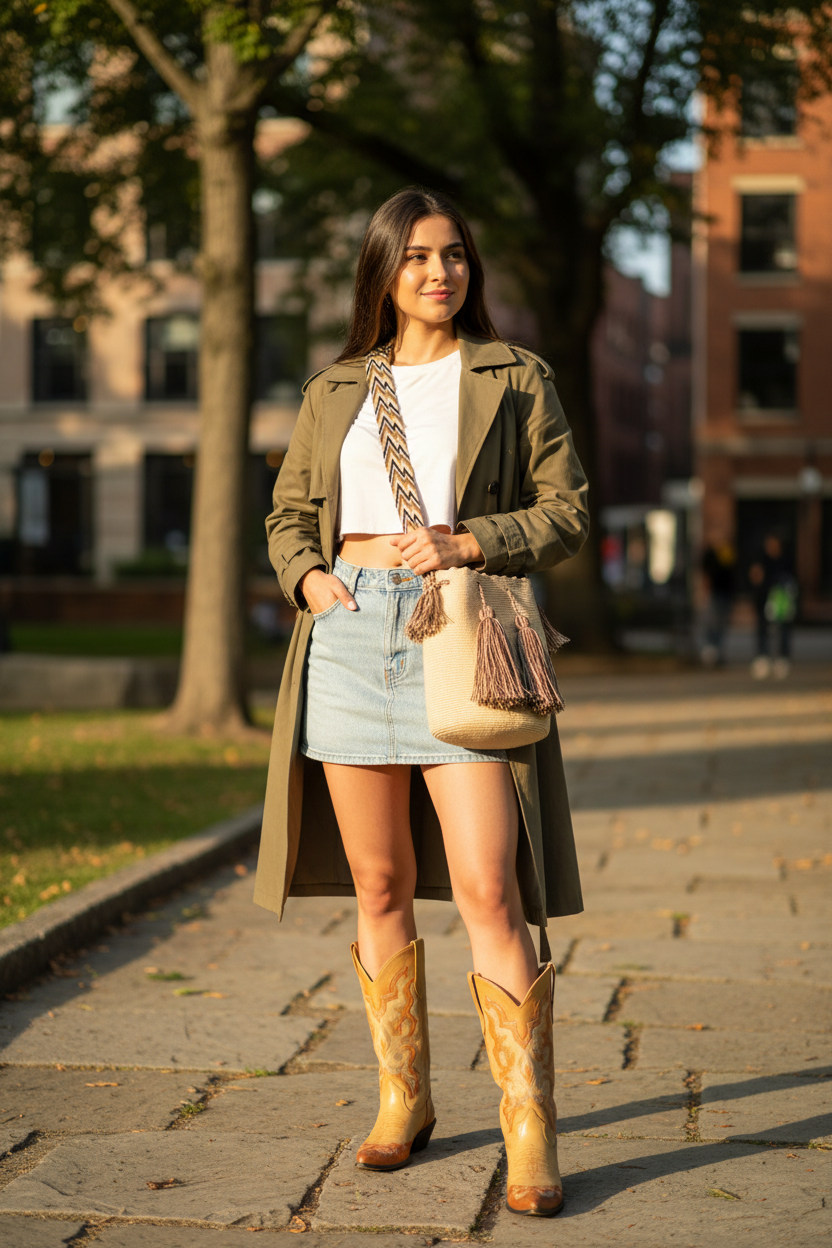 Woman wearing authentic handmade  light-mustard Colombian Wayuu Mochila in university campus. Bag is traditionally crafted; adds a tribal touch to boho fits.
