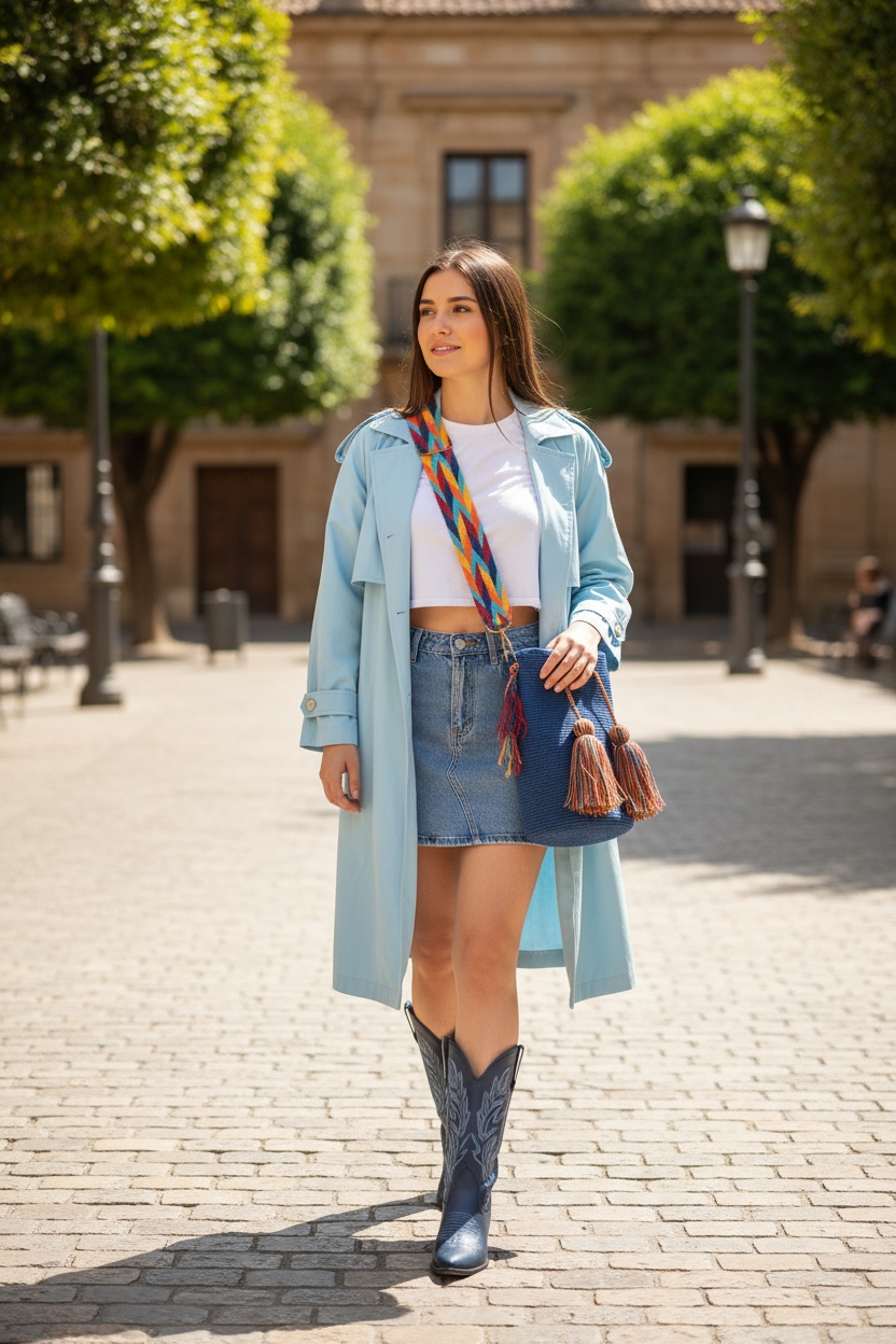 Woman wearing navy Blue Wayuu bag handmade Wayuu shoulder bag and denim skirt in university campus. Artisan-made and perfect for boho styling.