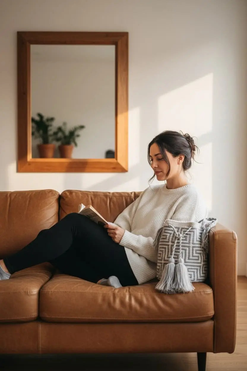 Woman with a grey and white handmade Wayuu shoulder bag sat on sofa. Large artisanal bag is traditionally crafted; adds a tribal touch to boho fits.