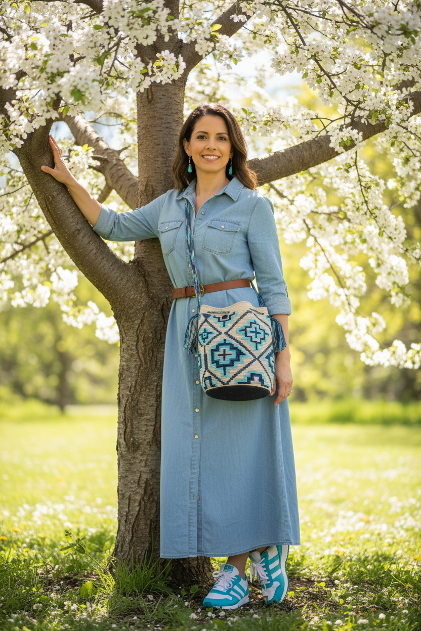 Woman wearing a blue and white handmade Wayuu shoulder walking in park. Ethically and responsibly sourced