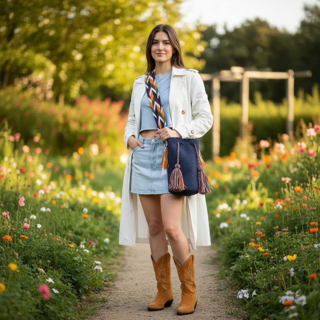Woman wearing a dark blue handmade Wayuu shoulder bag walking in park, smiling. Ethically and responsibly sourced.