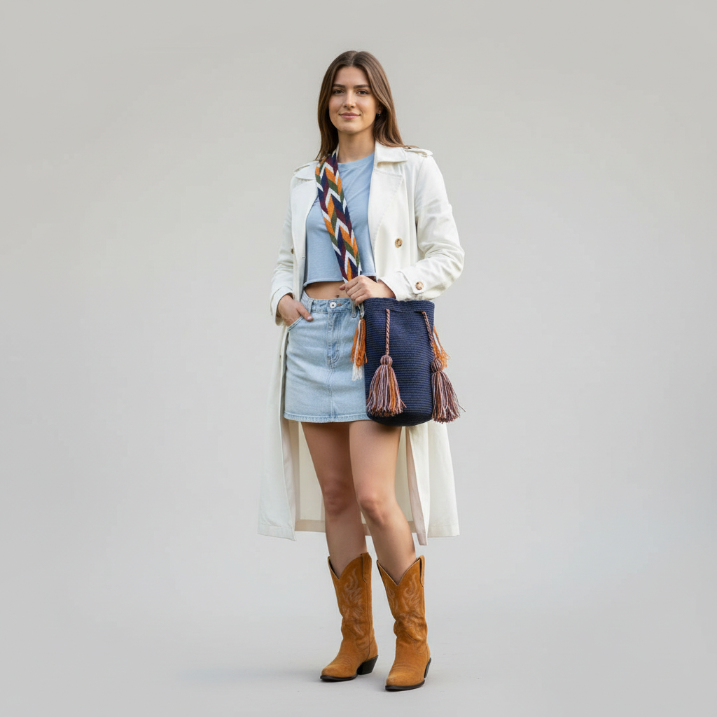 Woman with Dark Blue Wayuu Bag on grey background.