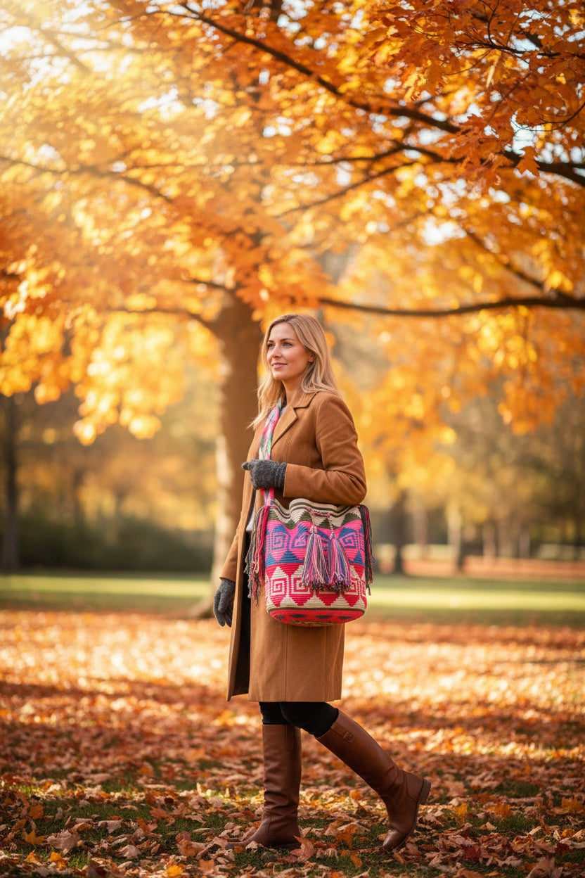 Woman wearing a colourful handmade Wayuu shoulder bag walking in park. Large artisanal bag is responsibly hand-crafted; a boho festival essential.