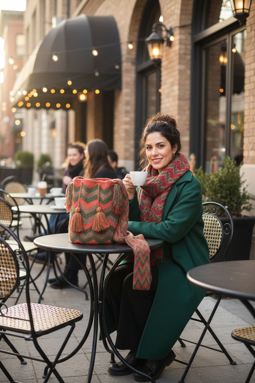 Large Wayuu Bag Unique Design Red, Green, Tan