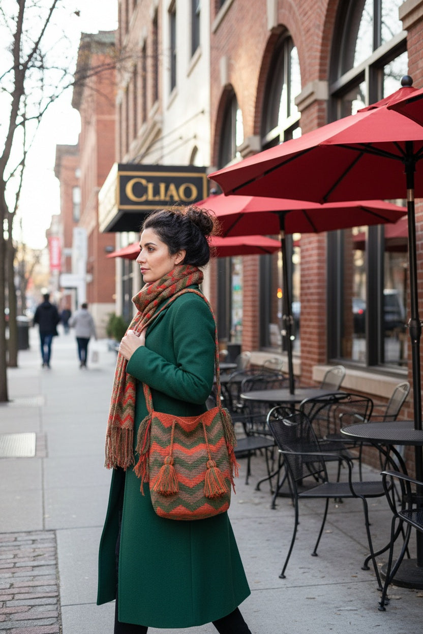 Woman wearing a red, green and tan handmade Wayuu shoulder bag walking past at café. Large artisanal bag is hand-woven by artisans; great for boho-chic layers.
