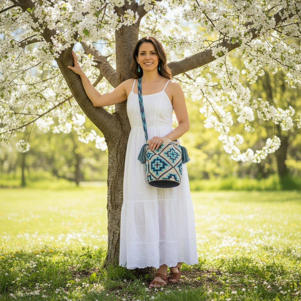 Woman wearing a blue and white handmade Wayuu shoulder bag walking in park. Ethically and responsibly sourced.