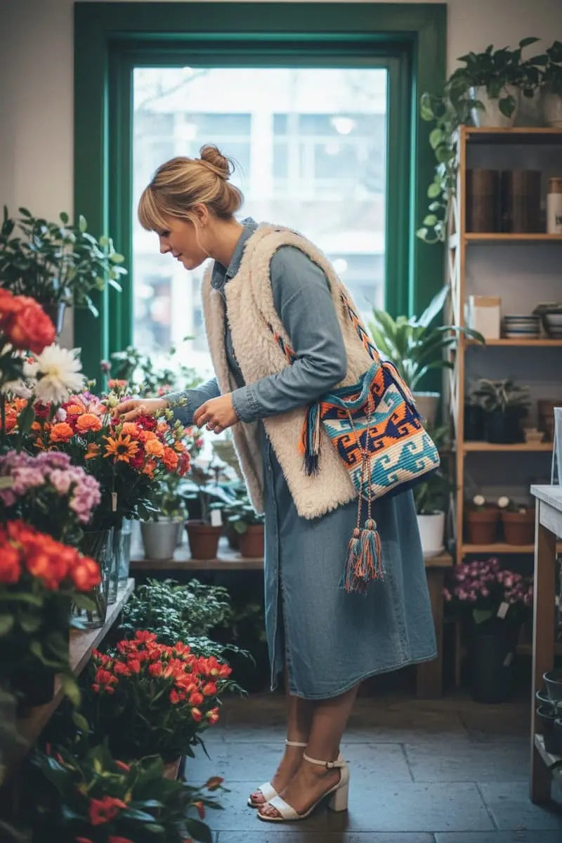 Woman wearing a marine patterned handmade Wayuu shoulder bag in flower shop. Bag is ethically sourced for a conscious boho wardrobe.